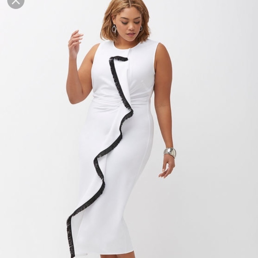 Lane Bryant White Dress w/ Black Fringe Ruffle
